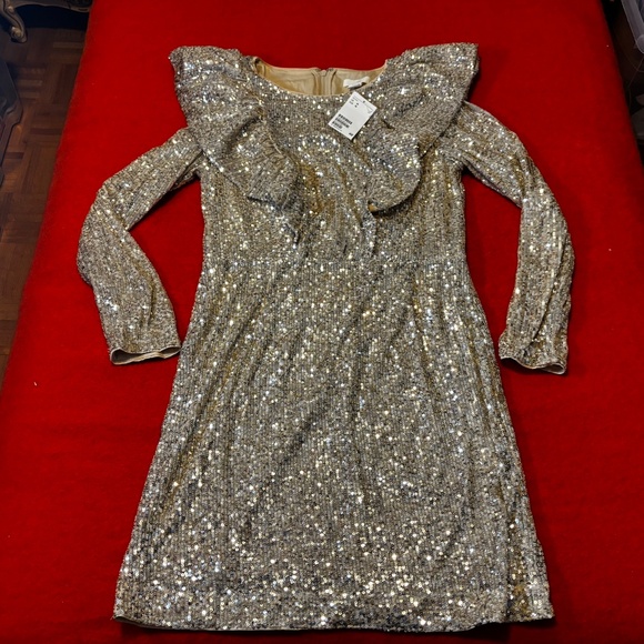 H&M festive cream flounce-trimmed sequined long sleeve mini dress NWT - Picture 2 of 10